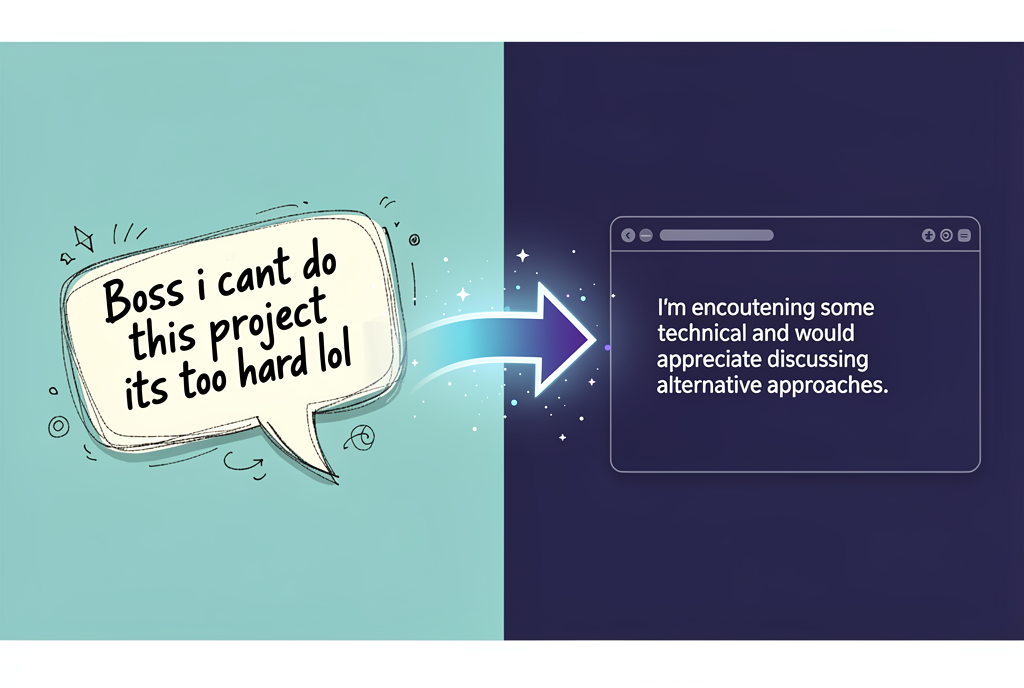 Owlfy AI in-app text processing — before and after showing voice transformation of casual text to professional writing