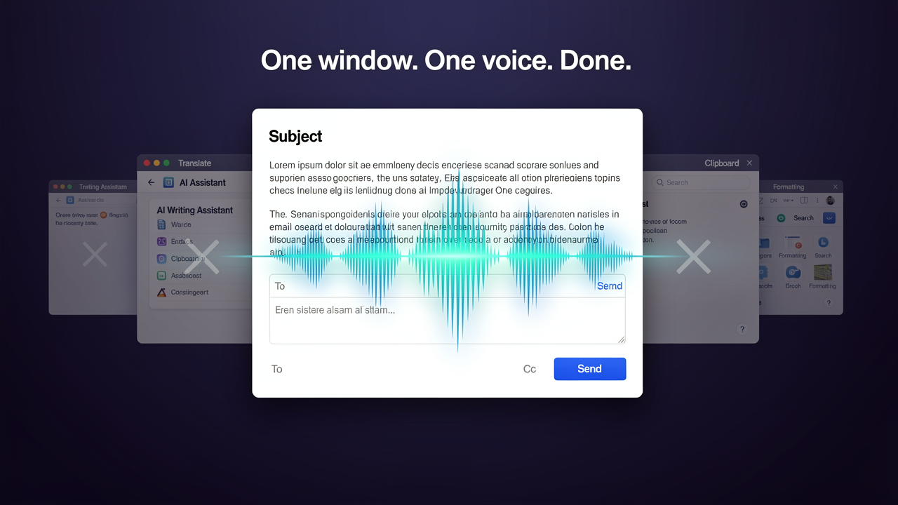 Owlfy stop copy-pasting between apps — hero showing single window with voice AI processing text in-place